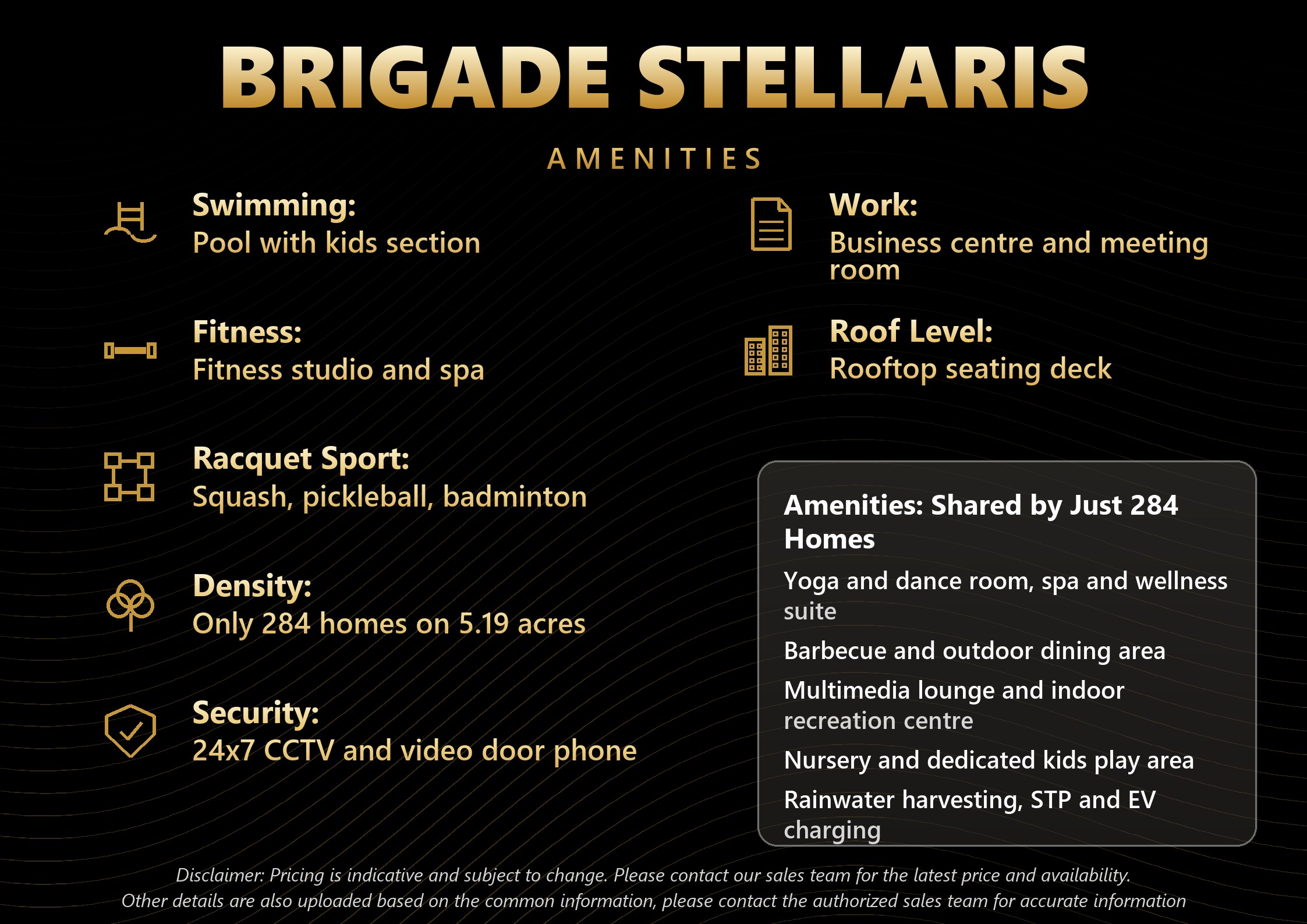 Brigade Stellaris amenities including squash and pickleball courts, pool and rooftop deck shared by only 284 homes in Velachery