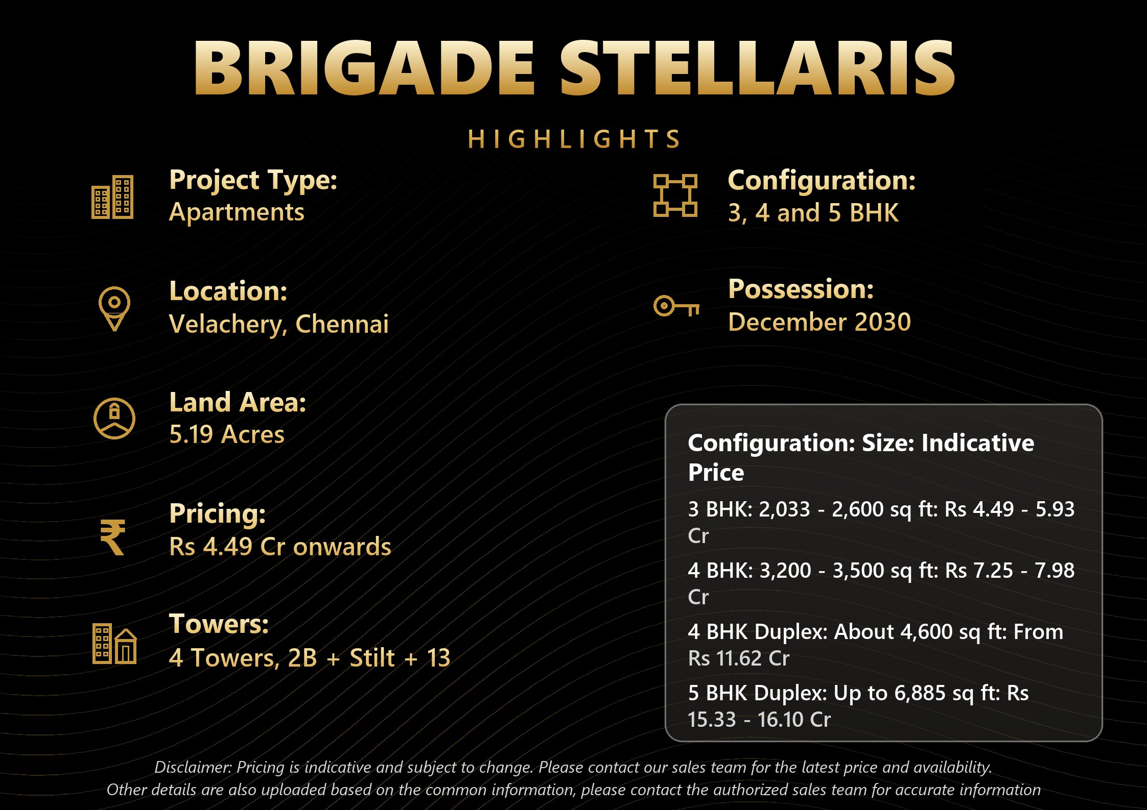 Brigade Stellaris Velachery Chennai project highlights with 3, 4 and 5 BHK luxury residences from Rs 4.49 Cr on 5.19 acres