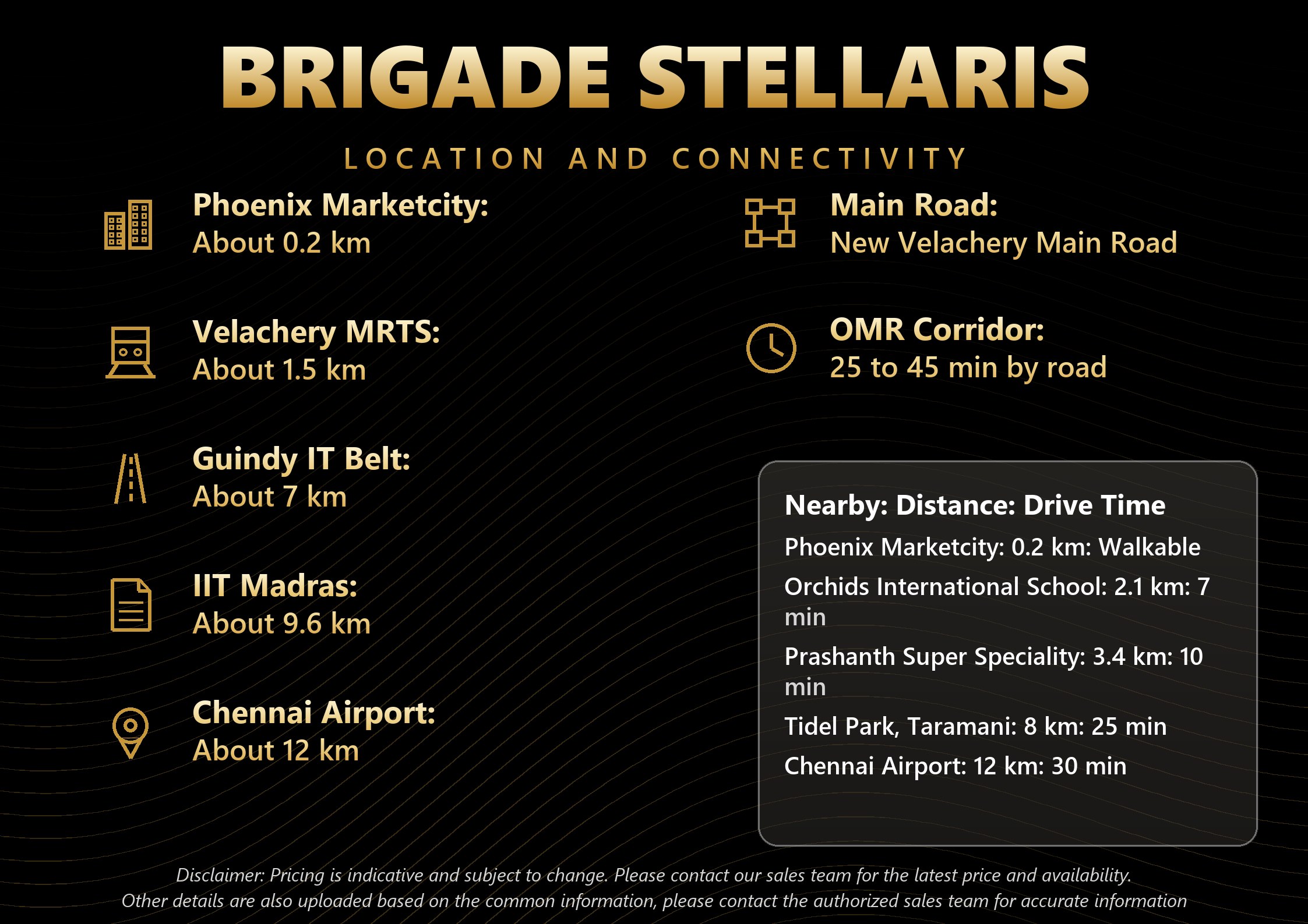 Brigade Stellaris location and connectivity map showing Phoenix Marketcity and Velachery distances in South Chennai