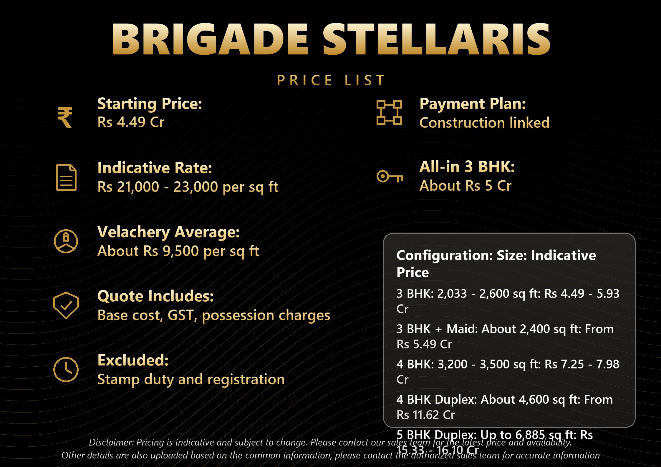 Brigade Stellaris price list 2026 with configuration wise cost for 3, 4 and 5 BHK residences in Velachery Chennai