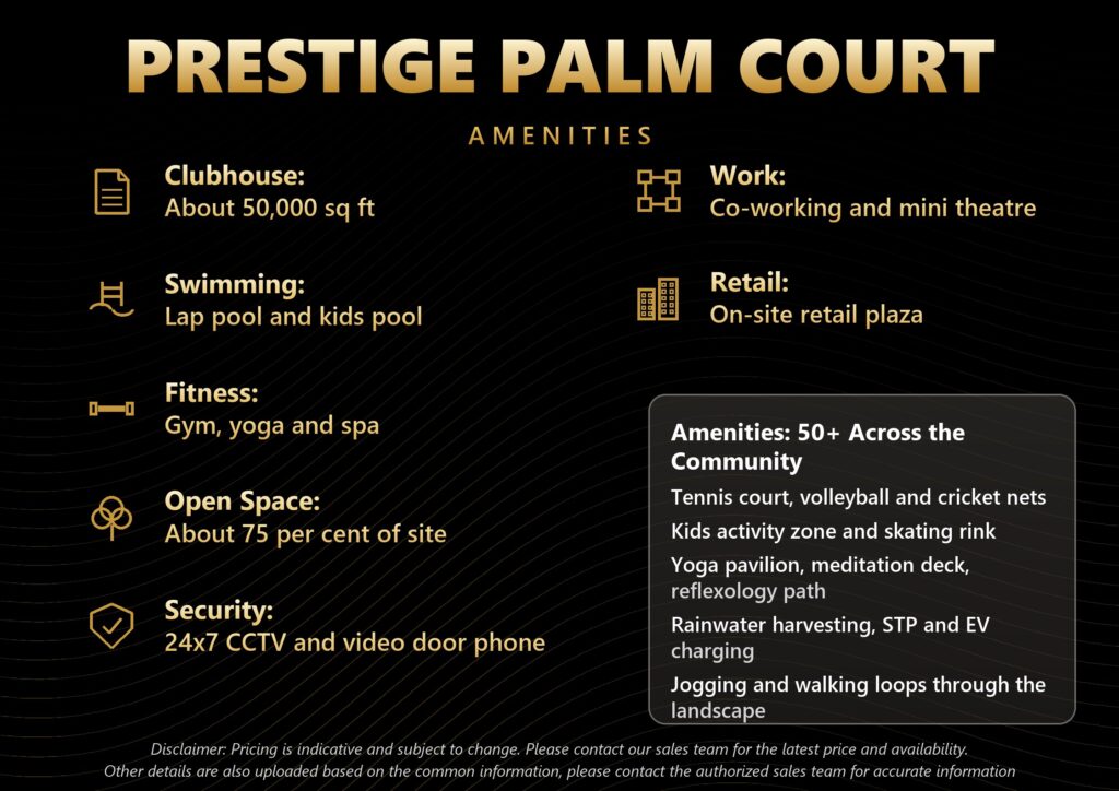 Prestige Palm Court amenities including a 50,000 sq ft clubhouse, pools and 75 per cent open space in Madhavaram Chennai