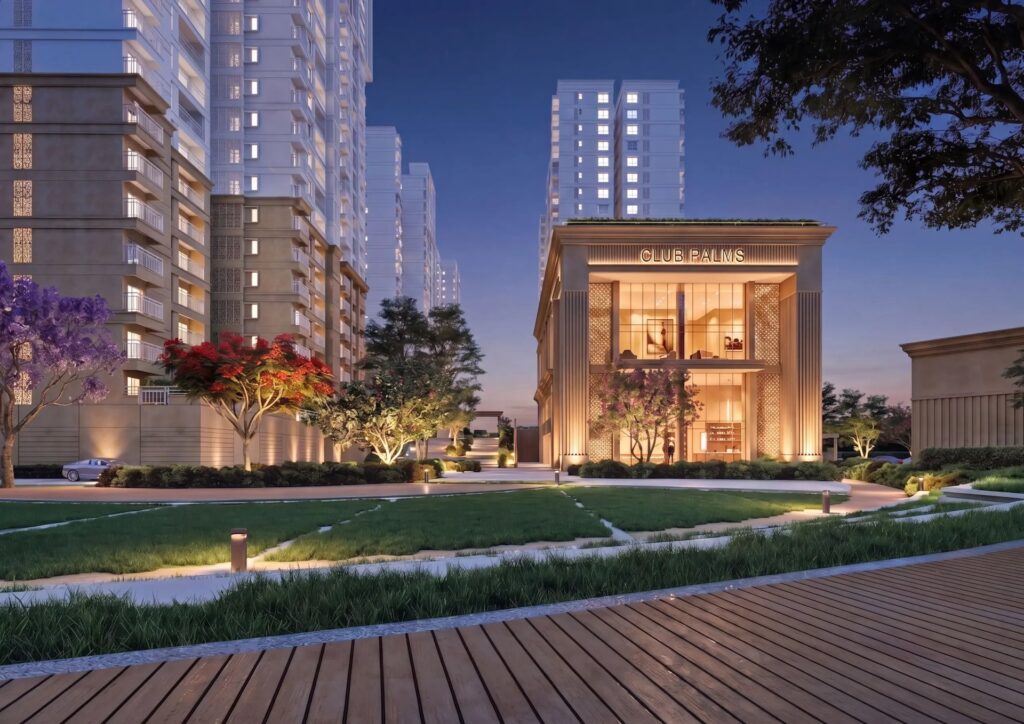 Prestige Palm Court Madhavaram Chennai Club Palms clubhouse and landscaped deck at dusk