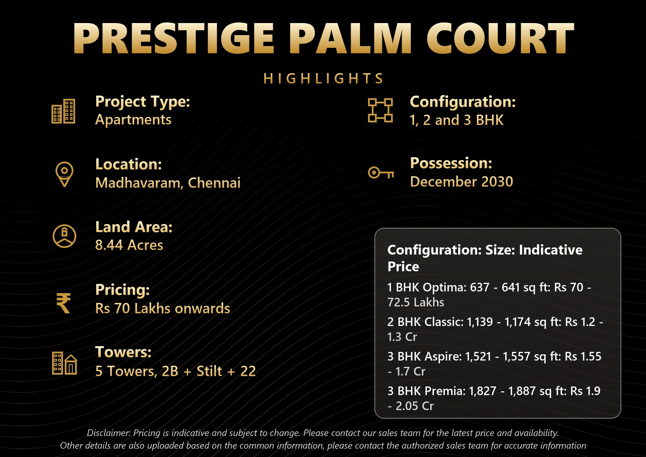 Prestige Palm Court Madhavaram Chennai project highlights with 1, 2 and 3 BHK apartments from Rs 70 Lakhs on 8.44 acres