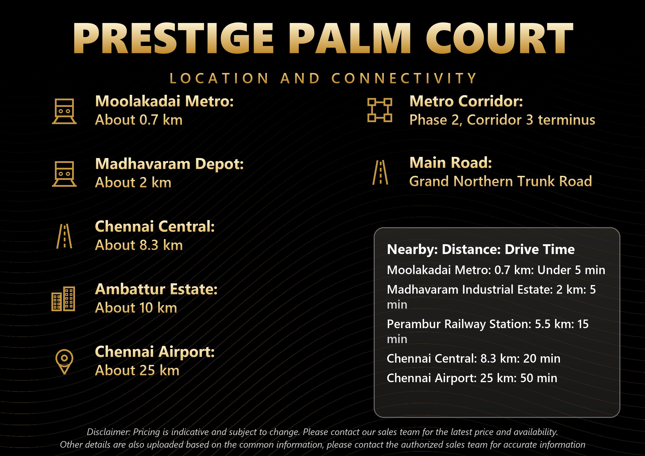 Prestige Palm Court location and connectivity map showing Moolakadai metro and Madhavaram distances in North Chennai