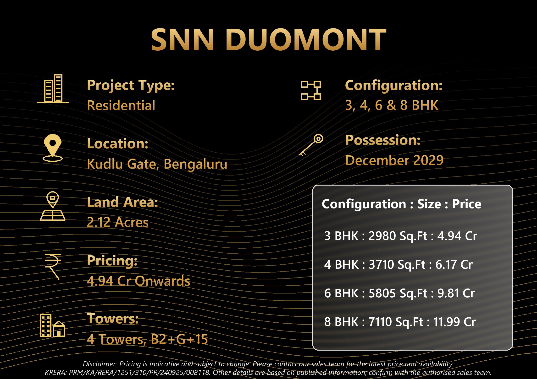 SNN Duomont Kudlu Gate project highlights - 3, 4, 6 & 8 BHK, price, possession